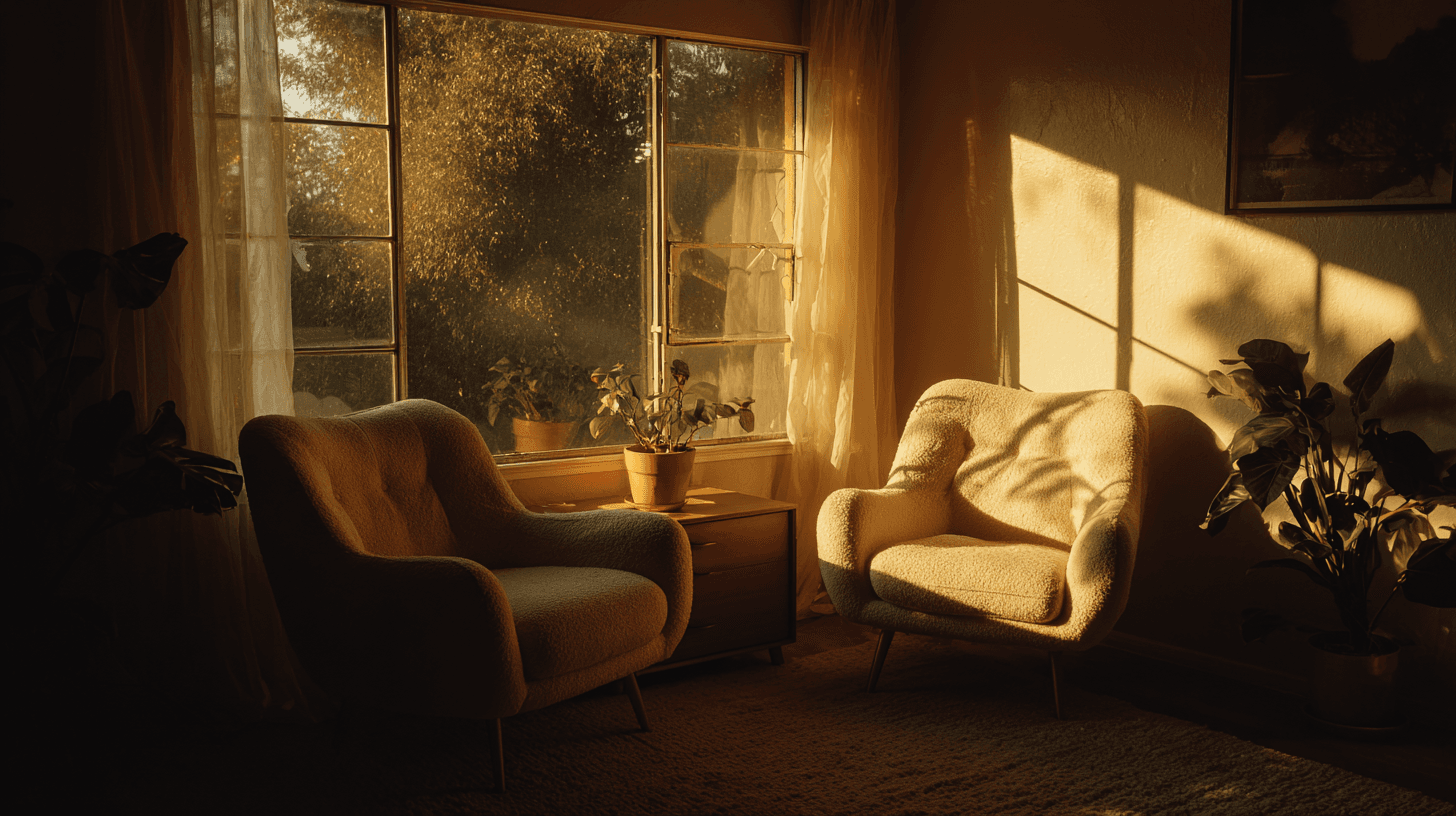 Warm sunlight streaming through window onto a comfortable therapy chair with journal and plants, symbolizing healing and growth