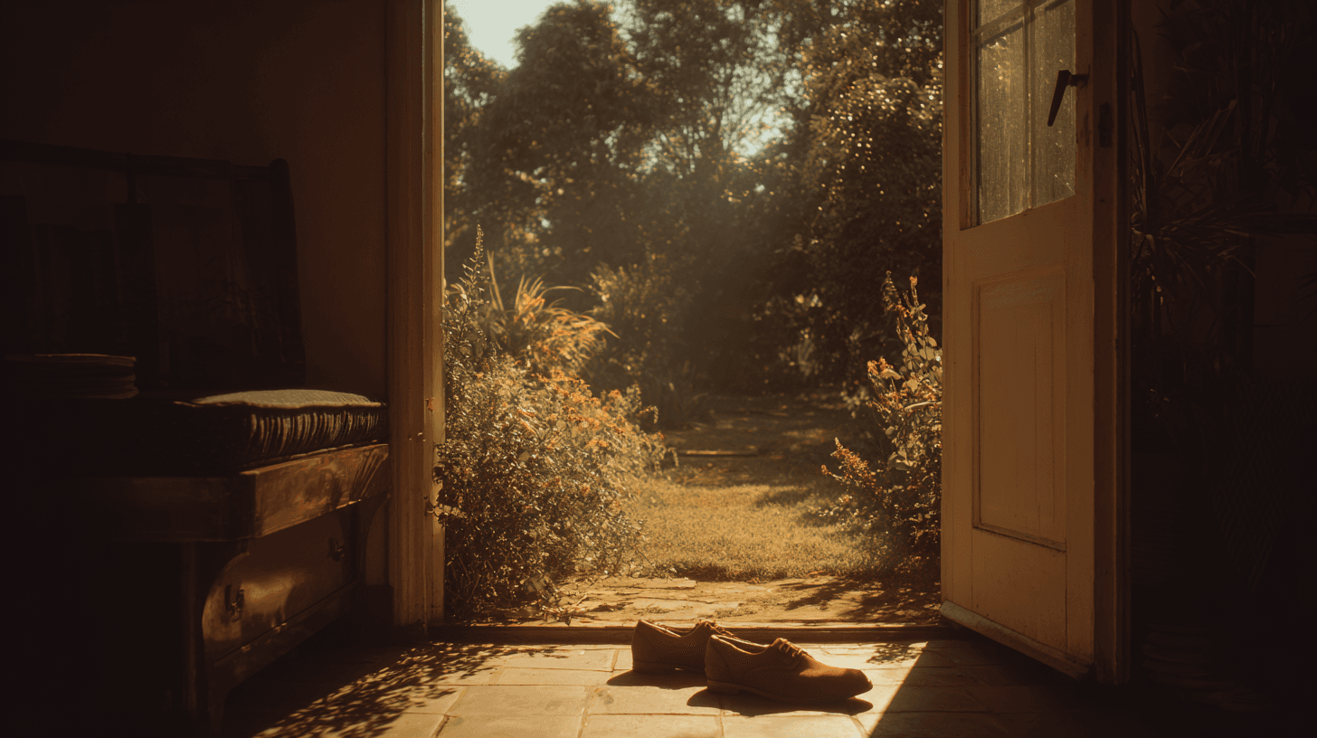 Morning sunlight streaming through a yoga studio with a rolled mat and water bottle on wooden floor