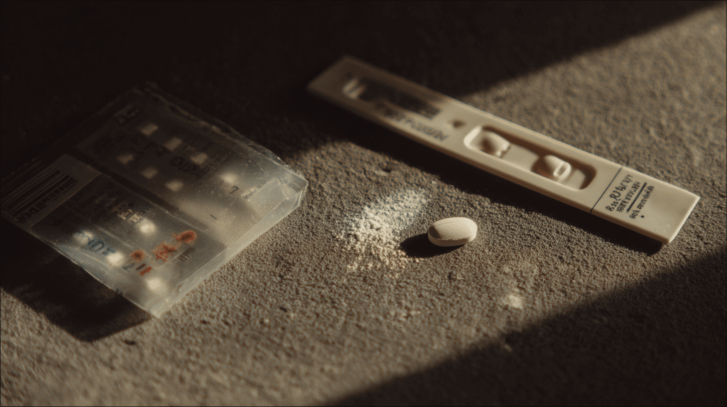 A clean, well-lit table with fentanyl test strips, a glass of water, and harm reduction materials arranged in organized rows, representing proactive safety measures