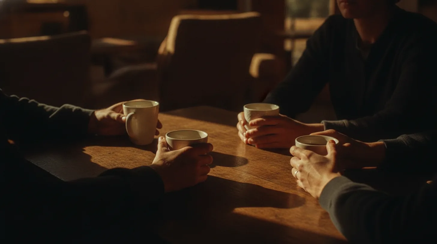 Two coffee cups on a wooden table bathed in warm morning light, suggesting connection and conversation in recovery