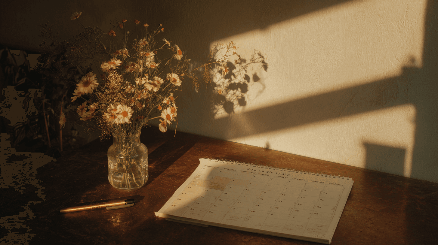 Soft morning light streaming through a window onto a journal and coffee cup on a wooden table, representing a peaceful morning in early recovery