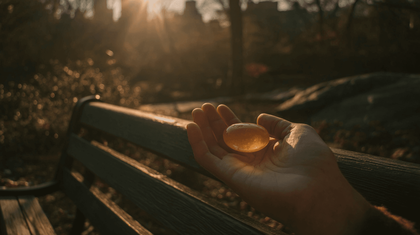Warm morning light streaming through a window onto a simple wooden desk with a journal and tea cup, symbolizing peaceful recovery routines