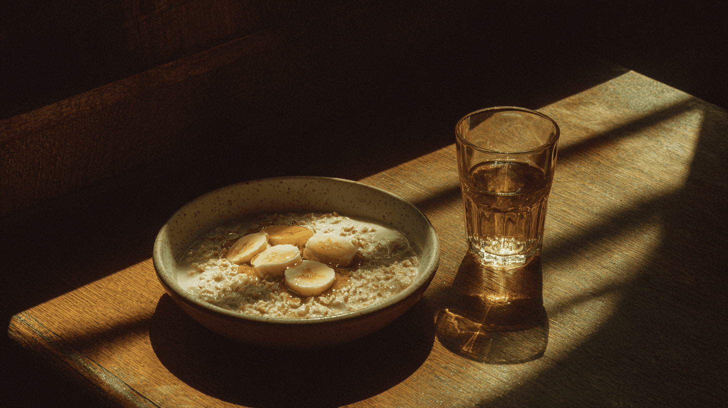 Morning sunlight streaming across a kitchen counter with fresh fruits, a glass of water, and a simple breakfast bowl