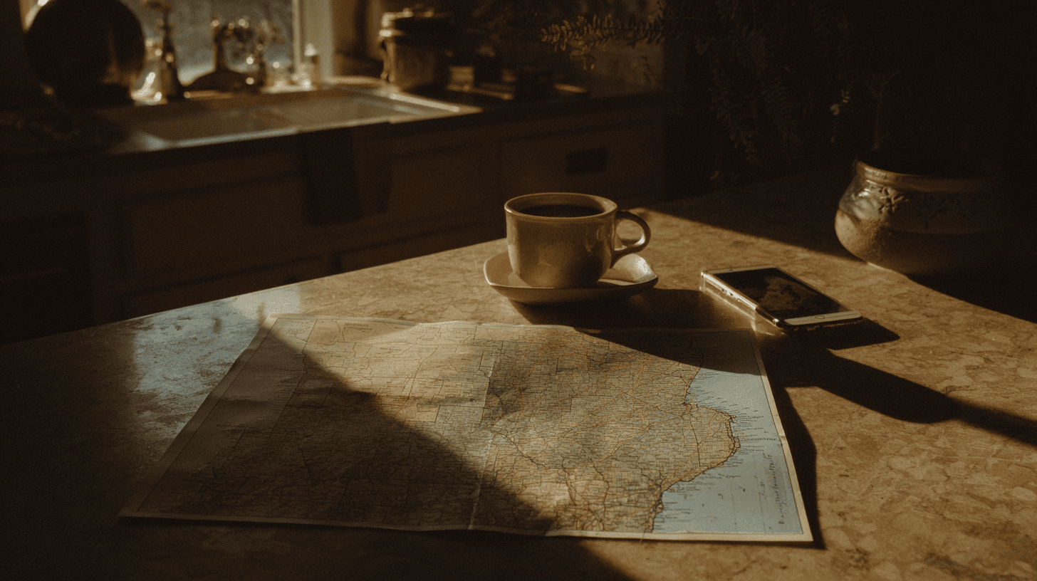 Clean organized desk with Ohio Medicaid documents, laptop showing healthcare portal, and morning coffee in warm natural light