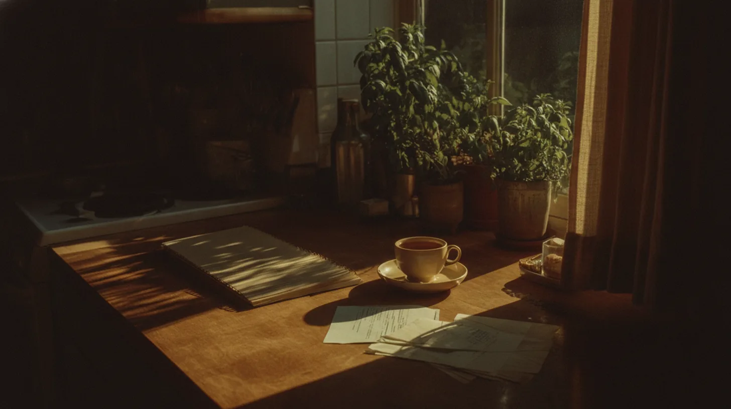 Warm morning light through window onto a journal and coffee cup, symbolizing reflection and growth in recovery