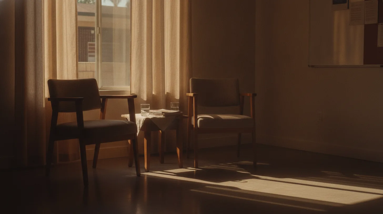 Two people having coffee at a kitchen table in warm morning light, representing peer support connection
