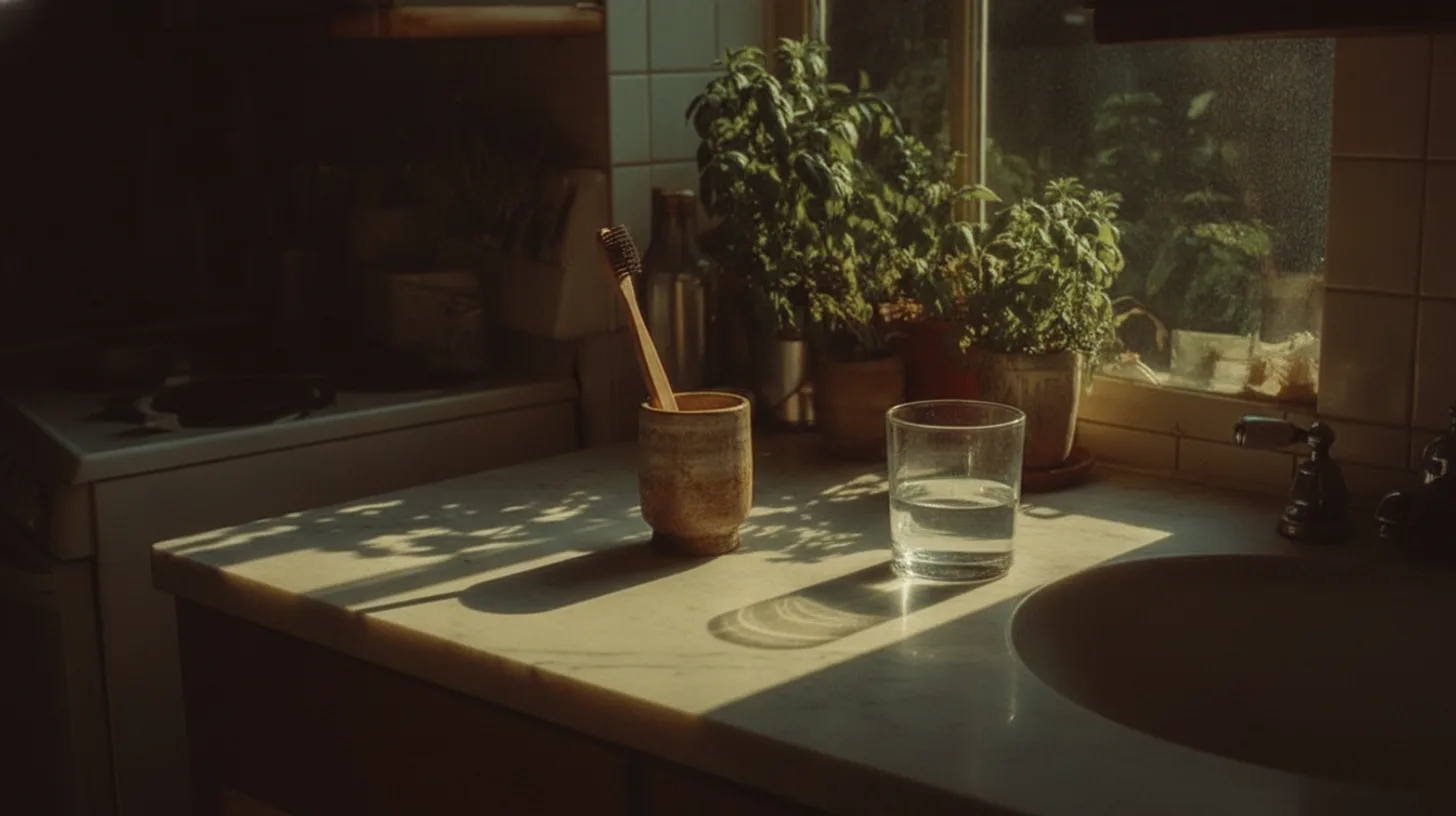 Close-up of a toothbrush and glass of water on a clean bathroom counter in warm morning light