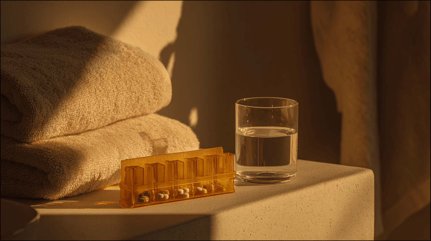 Morning light on a medication organizer next to a glass of water and journal, representing the daily routine of managing both addiction recovery and mental health