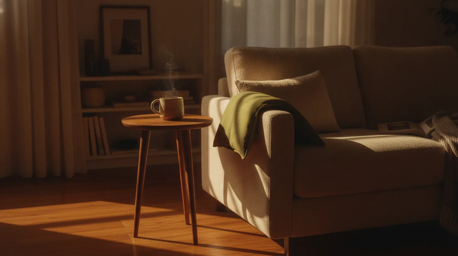 Morning light across a bedside table with a heating pad, water bottle, and medication organizer suggesting gentle pain management
