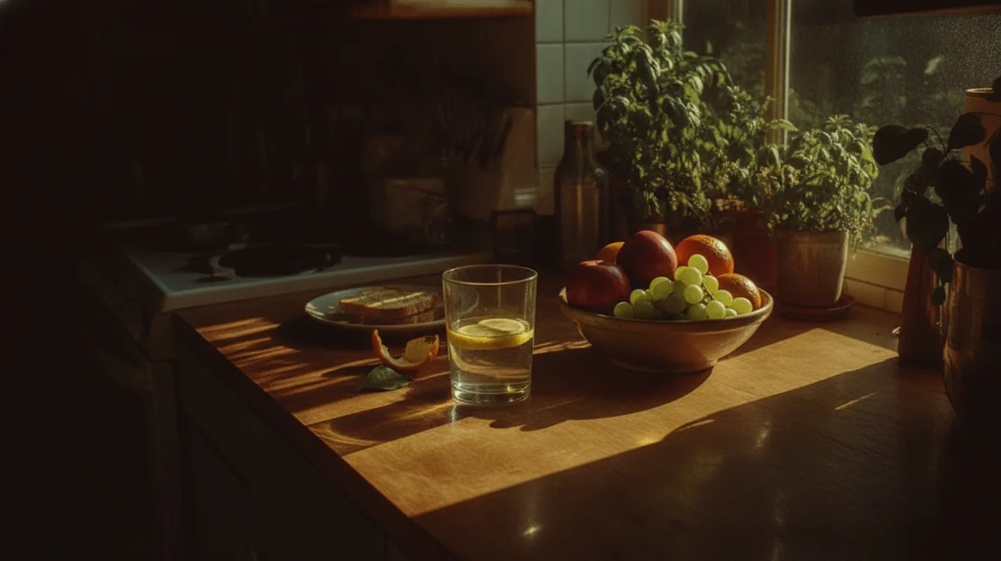 Morning sunlight across a kitchen counter with fresh vegetables, water pitcher, and fiber-rich foods suggesting digestive wellness