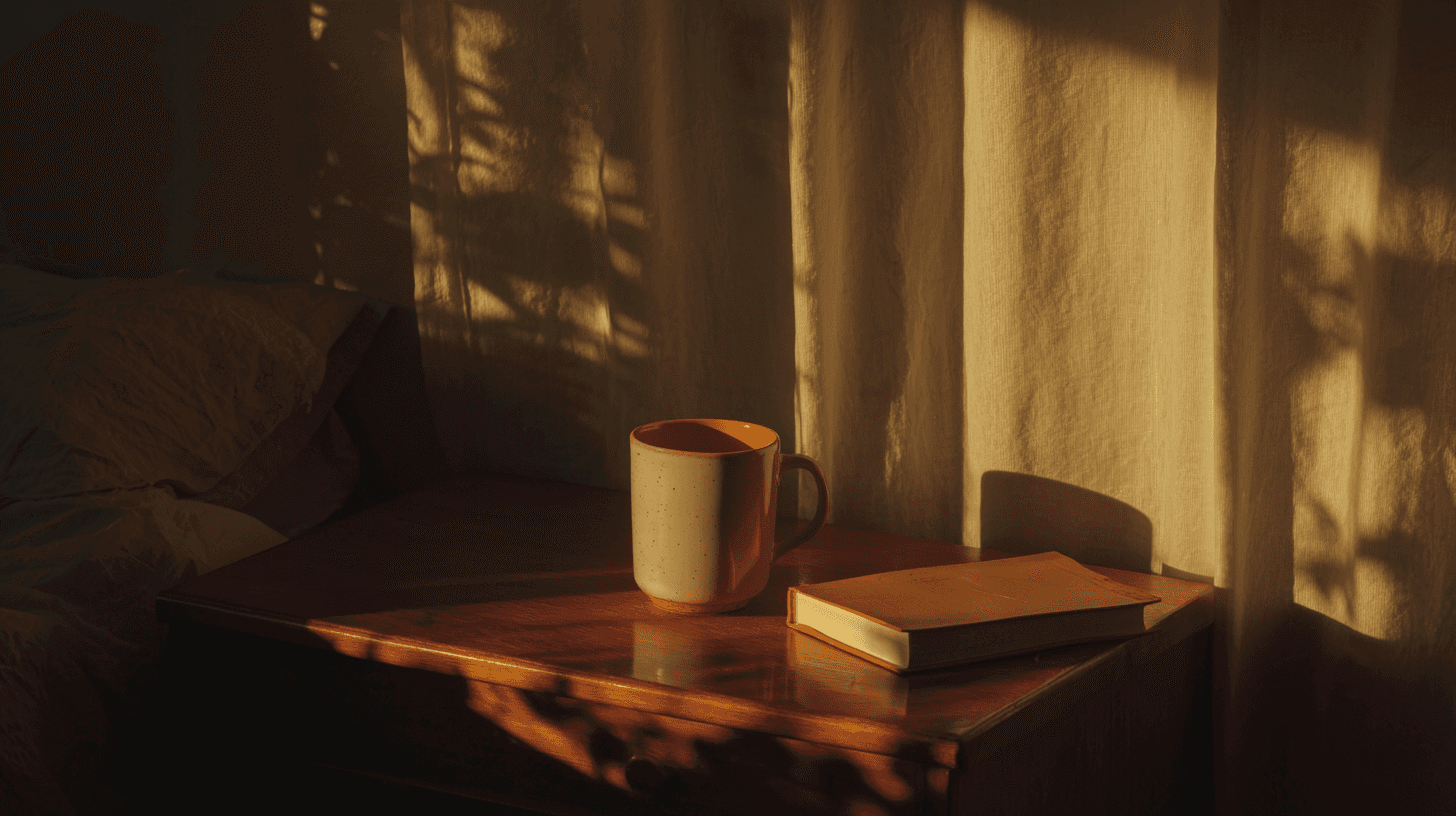 A glass of water and medication on a bedside table in warm morning light, representing the first week of Suboxone treatment