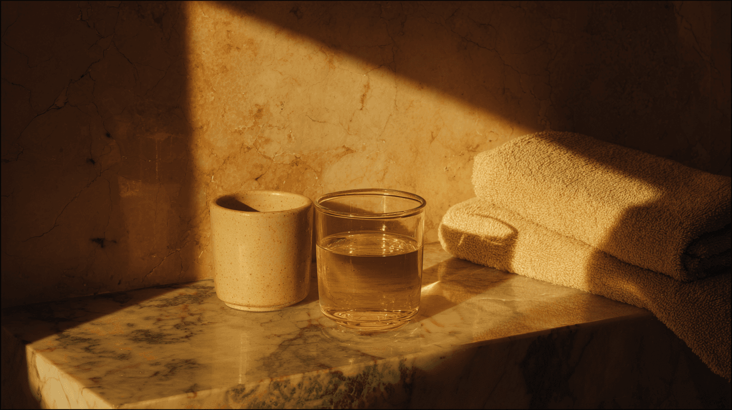 Morning sunlight across a wellness journal and tea cup on a wooden table, symbolizing gradual progress and intentional change