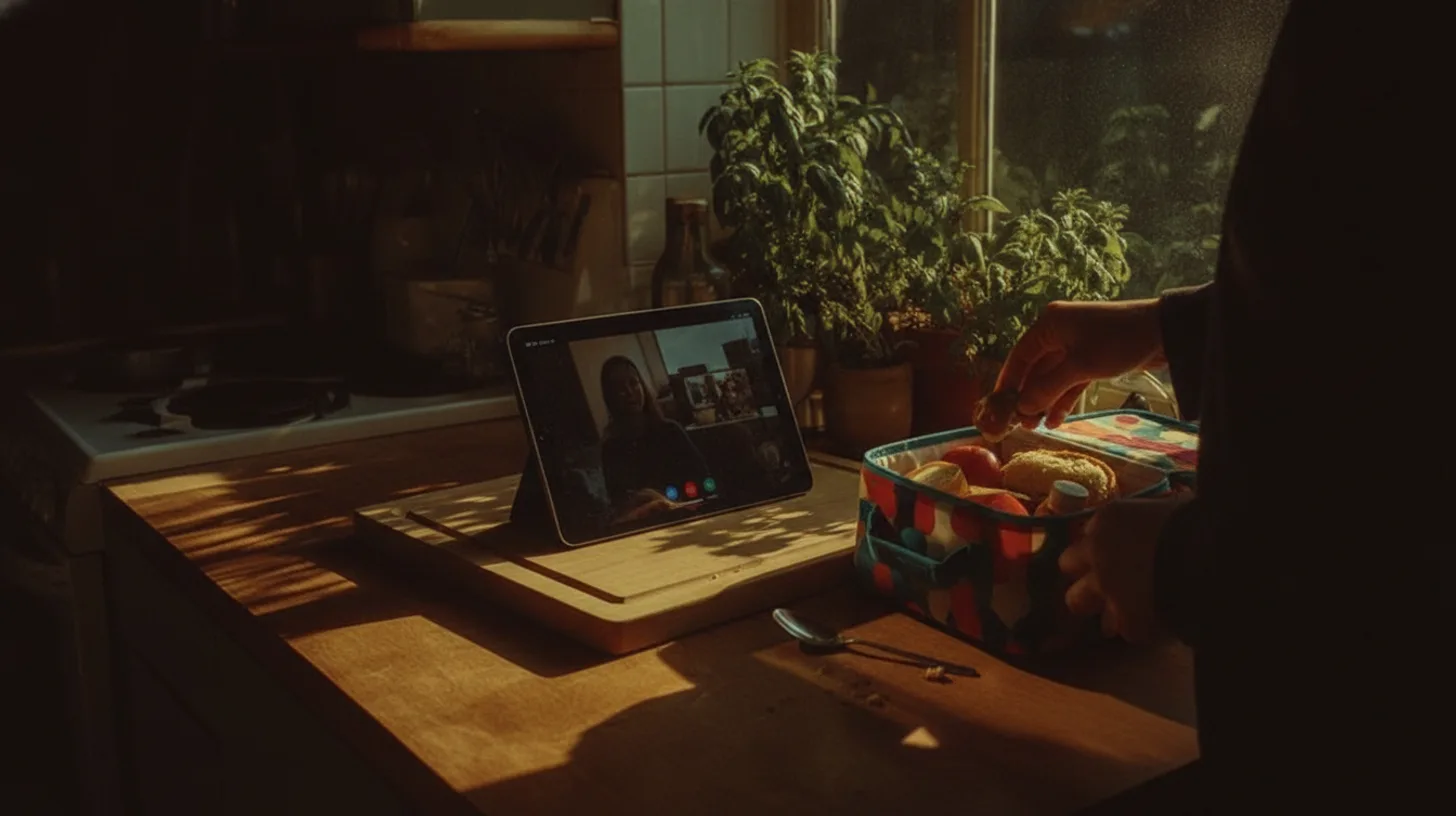 Morning sunlight streaming through a window onto a laptop on a kitchen table, coffee mug beside it, suggesting the comfort and accessibility of home-based telehealth treatment