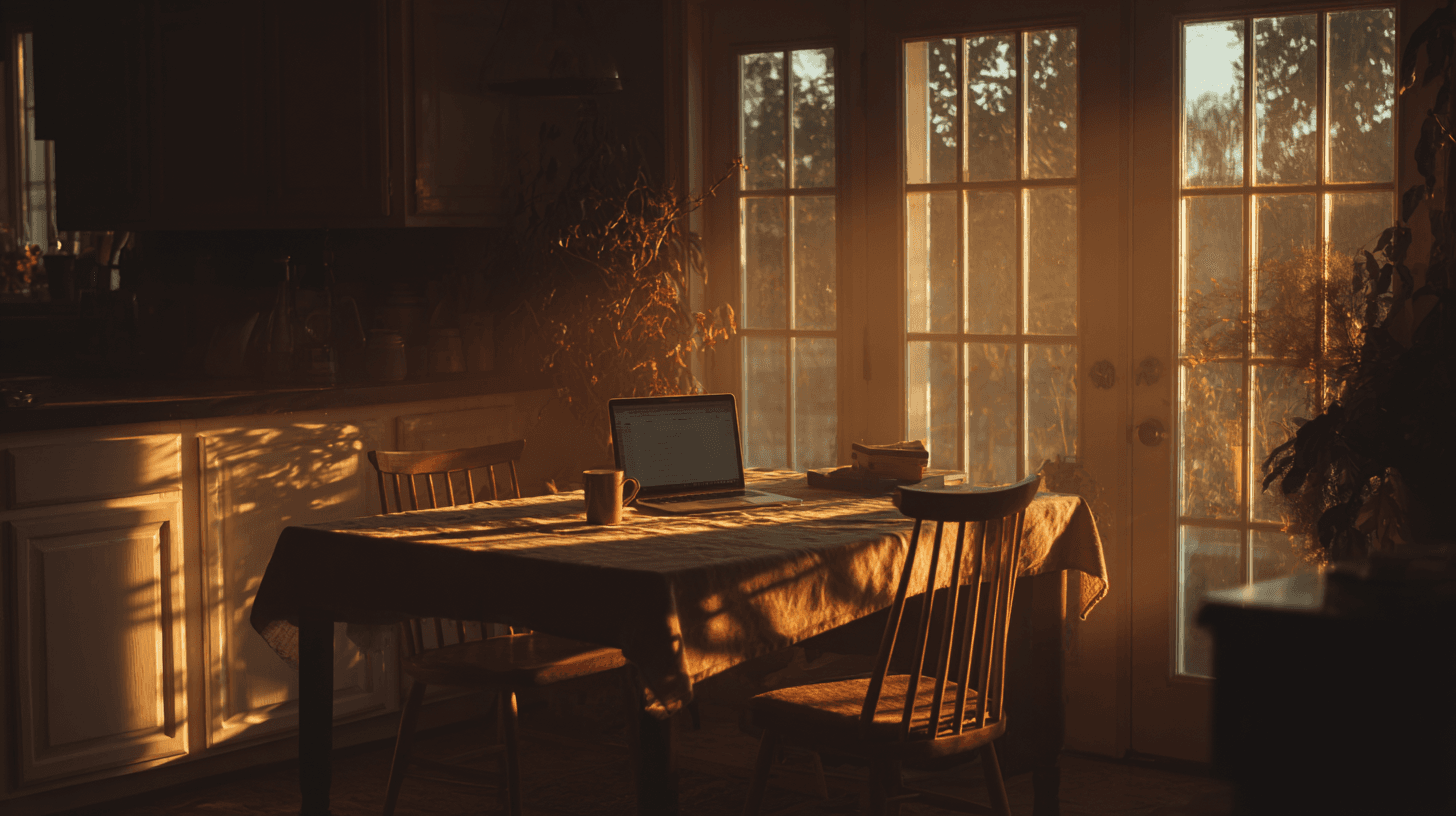 A laptop on a clean desk beside a coffee mug in warm morning light, representing the choice between telehealth and in-person addiction treatment