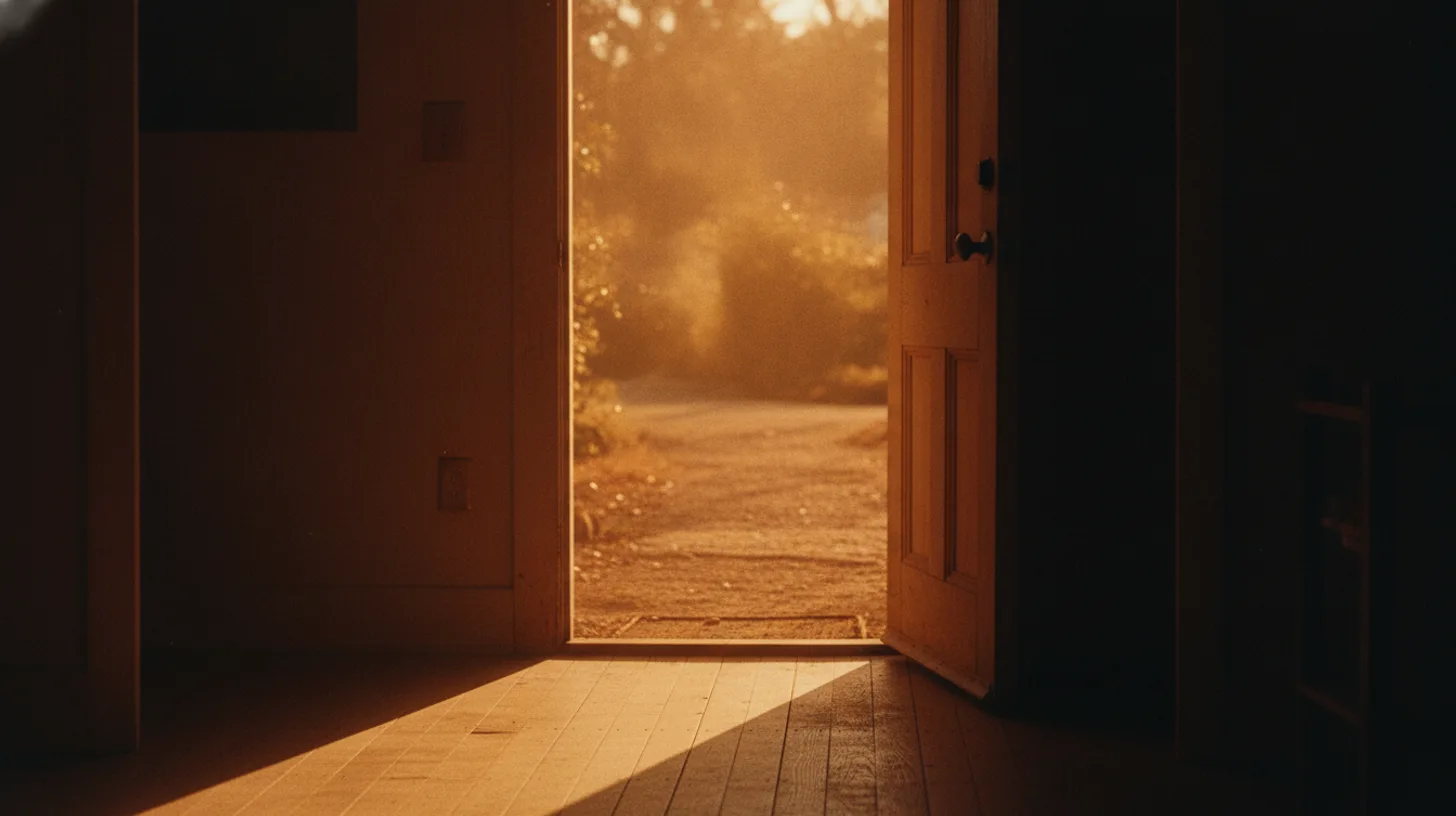 Morning light streaming through a window onto a simple desk with paperwork and a phone, symbolizing the hopeful start of reentry