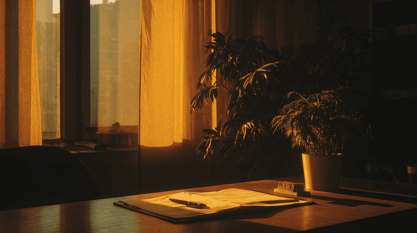 Calm medical consultation room with clipboard and warm lighting, symbolizing the supportive intake process